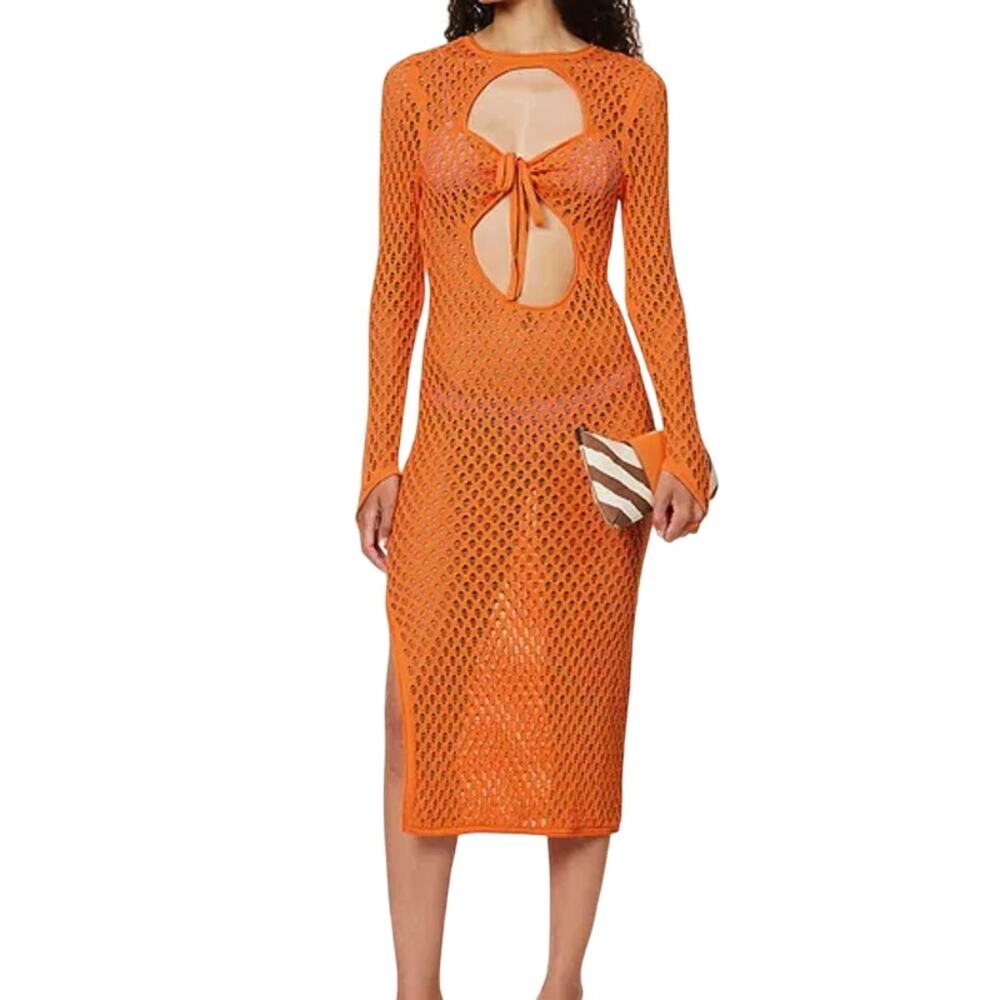 House of Sunny Orange Capture Tie Front Cut-Out Cotton Knitted Midi Dress size 8